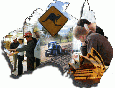 Различные рабочие профессии на фоне карты Австралии